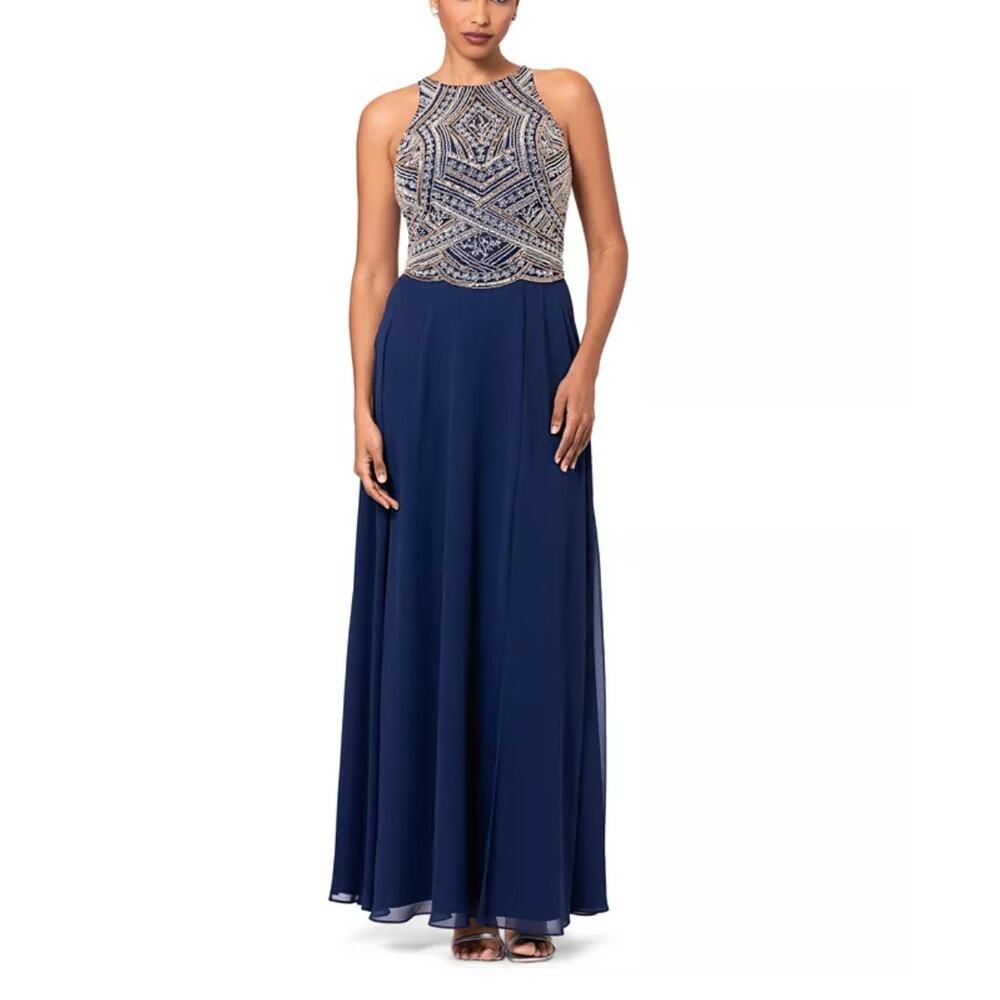 Betsy & Adam Women's Beaded Navy Gold Gown Size 10 Petite NWT Elegant Formal